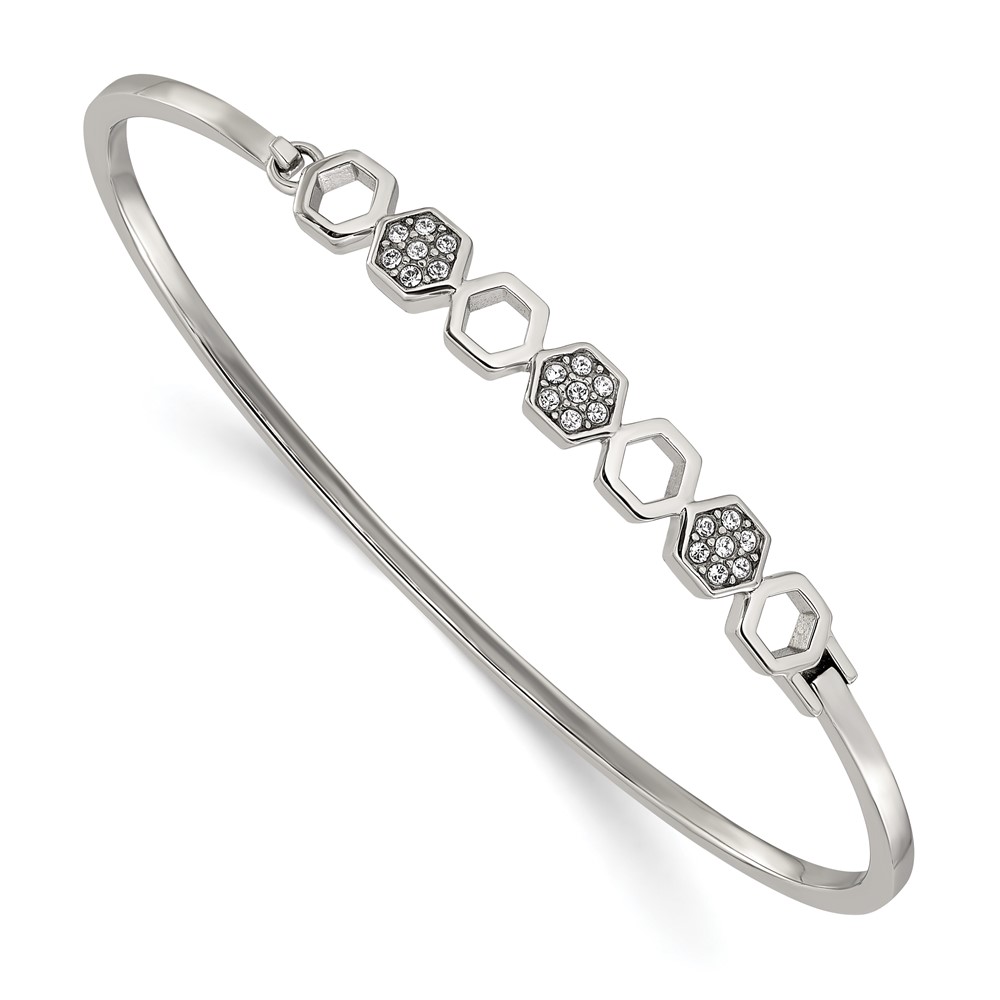 Stainless Steel Polished with Crystals Hexagons Hinged Bangle