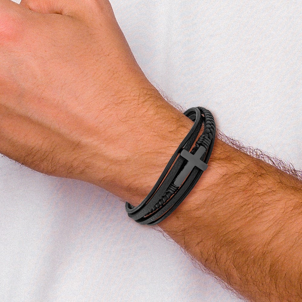 Stainless Steel Polished Black IP Cross Black PU/Leather 8.75-inch Bracelet - Image 5
