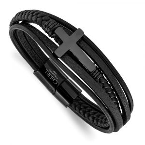 Stainless Steel Polished Black IP Cross Black PU/Leather 8.75-inch Bracelet