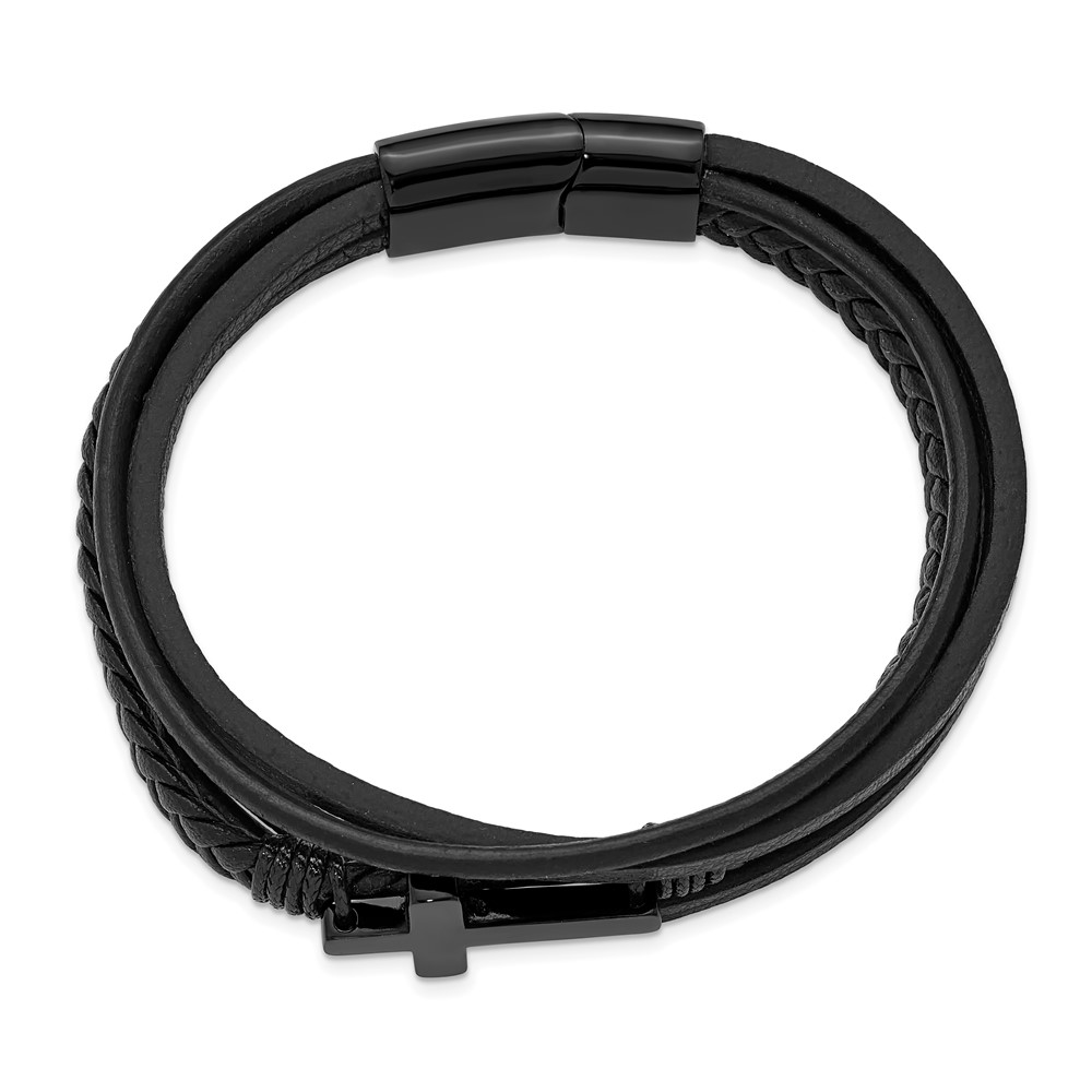 Stainless Steel Polished Black IP Cross Black PU/Leather 8.75-inch Bracelet - Image 3