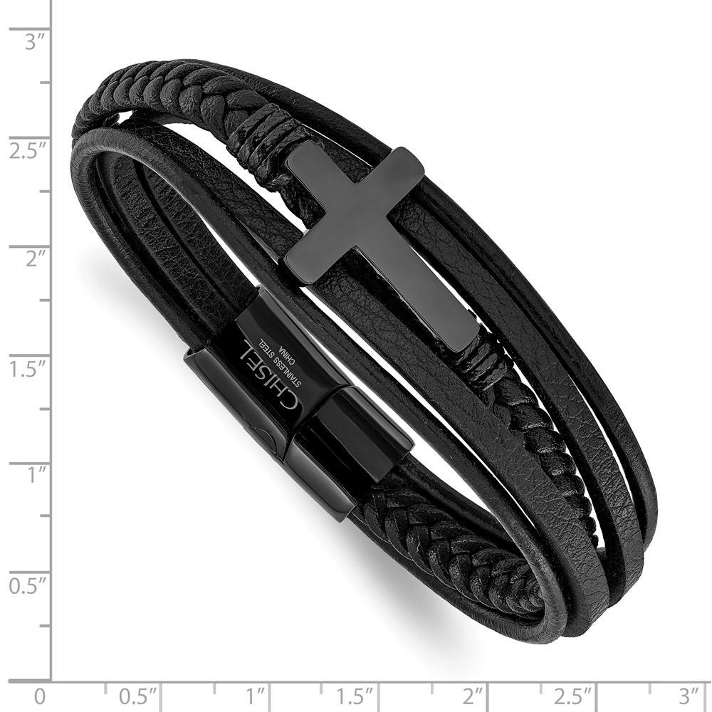 Stainless Steel Polished Black IP Cross Black PU/Leather 8.75-inch Bracelet - Image 4