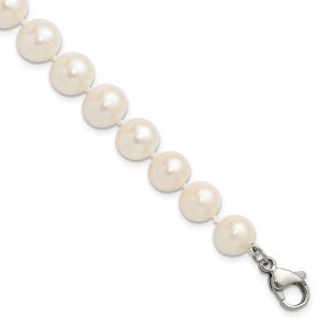 Stainless Steel Polished 9-10mm Hand Knotted Round FWC Pearl 8-inch Bracelet