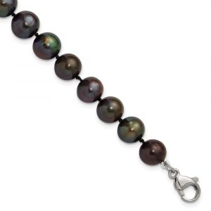 Stainless Steel Polished 9-10mm Hand Knotted Blk Round FWC Pearl 8-inch Bracel