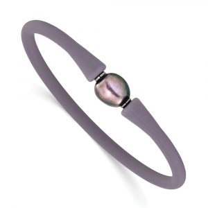 StainlessSteel Polished 9-10mm Blk Baroque FWC Pearl Grey Silicone Bracelet