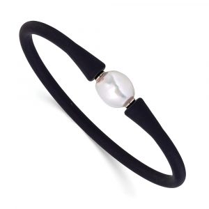 Stainless Steel Polished 9-10mm Wht Baroque FWC Pearl Blk Silicone Bracelet