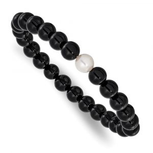 8-9mm Black Onyx and White Freshwater Cultured Pearl Stretch Bracelet