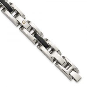 Stainless Steel Polished 14K Accent 1/20ct. Dia and Onyx 8.25-inch Link Bracel