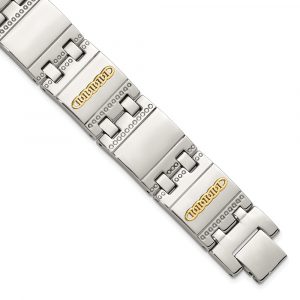 Stainless Steel Polished and Textured w/14K Accent 8.5-inch Link Bracelet