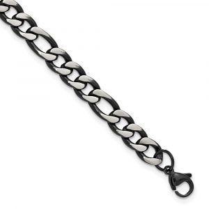 Stainless Steel Brushed/Polished Black IP 7.5mm Figaro Link 9-inch Bracelet