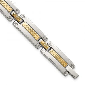 Stainless Steel Polished 14K Accent Basket Weave 1/15ct. Diamond 8.5-inch Brac