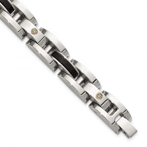 Stainless Steel Polished w/14K White .03ct. Dia & Onyx 8.25-inch Link Bracelet