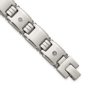 Stainless Steel Polished 14K White Accent & .03ct. Diamond 8-inch Link Bracele