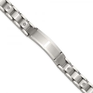 Stainless Steel Brushed/Polished 14K White Accent & 1/20ct. Dia 8.5-inch Brace