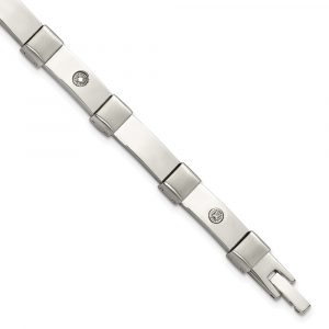 Stainless Steel Brushed/Polished 14K White Accent & .03ct. Dia 8.25-inch Brace