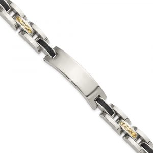 Stainless Steel Polished w/14K Accent and Onyx 8.75-inch ID Link Bracelet