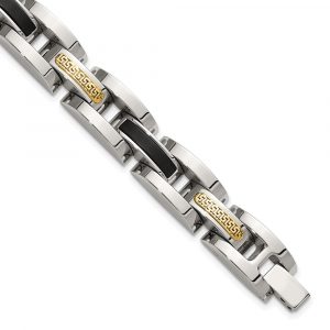Stainless Steel Polished w/14K Accent and Onyx 8.25-inch Link Bracelet