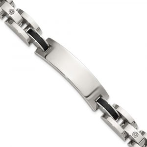 Stainless Steel Polished 14K White Accent .02ct. Dia and Onyx 8.75-inch Bracel