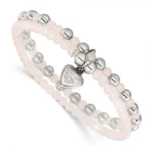 Stainless Steel Polished Puffed Heart Pink Quartz 2 Strand Stretch Bracelet