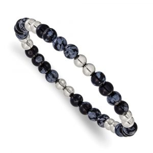 Stainless Steel Polished 6.5mm Black/Grey Syn. Agate Stretch Bracelet
