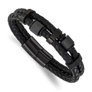 Stainless Steel Polished Black IP Black Leather 2 Strand 8.25-inch Bracelet