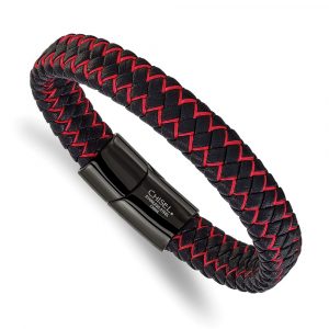 Stainless Steel Polished Black IP Black Leather/Red Fabric 8.25-inch Bracelet