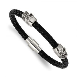 Stainless Steel Polished Black Leather Skull 8.75-inch Bracelet