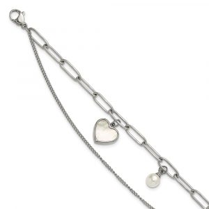 Stainless Steel Polished MOP and Sim. Pearl 6.5-inch +2-inch Bracelet