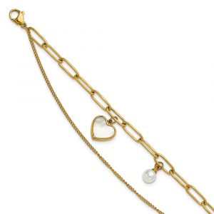 Stainless Steel Polished Yellow IP MOP/Sim. Pearl 6.5-inch +2-inch Bracelet