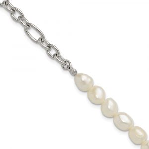 Stainless Steel Polished Freshwater Cultured Pearl 8.25-inch Bracelet
