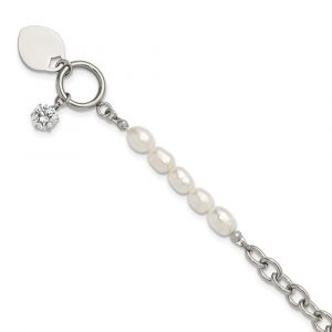 Stainless Steel Polished FWC Pearl and CZ Heart 8.25-inch Bracelet