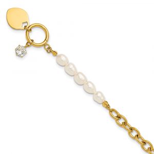 Stainless Steel Polished Yellow IP FWC Pearl and CZ Heart 8.25-inch Bracelet