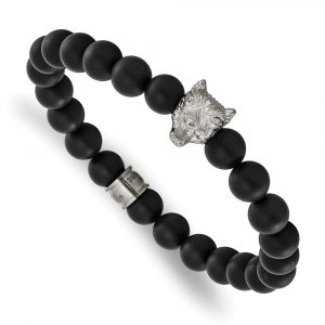 Stainless Steel Polished Matte Black Agate Beaded 6.75-inch Stretch Bracelet