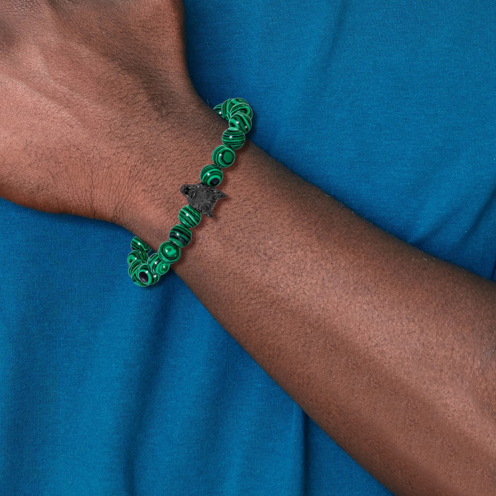 Stainless Steel Polished Black IP Syn Malachite Beaded 7-inch Stretch Bracelet - Image 4