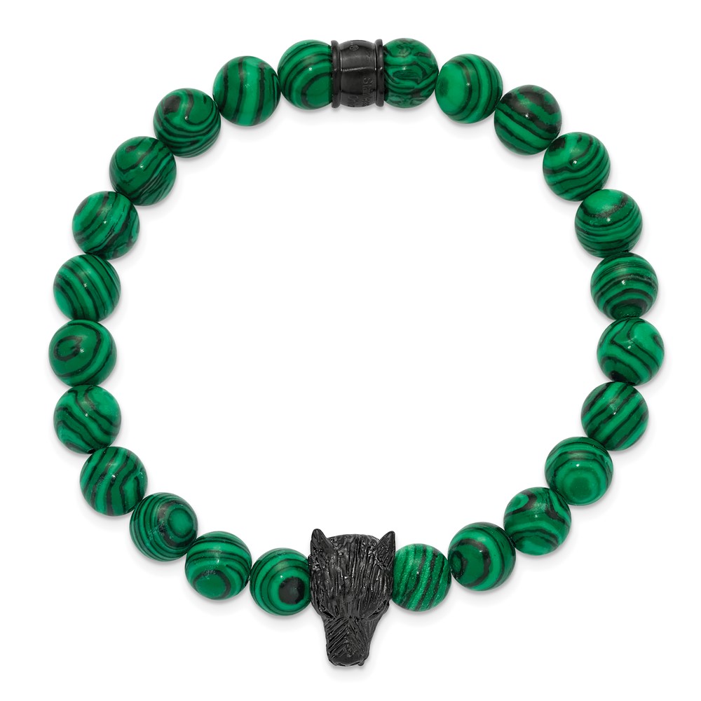 Stainless Steel Polished Black IP Syn Malachite Beaded 7-inch Stretch Bracelet - Image 2