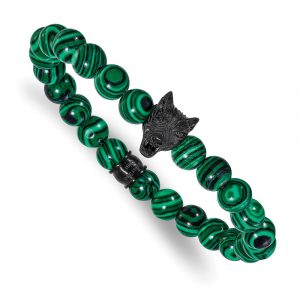 Stainless Steel Polished Black IP Syn Malachite Beaded 7-inch Stretch Bracelet