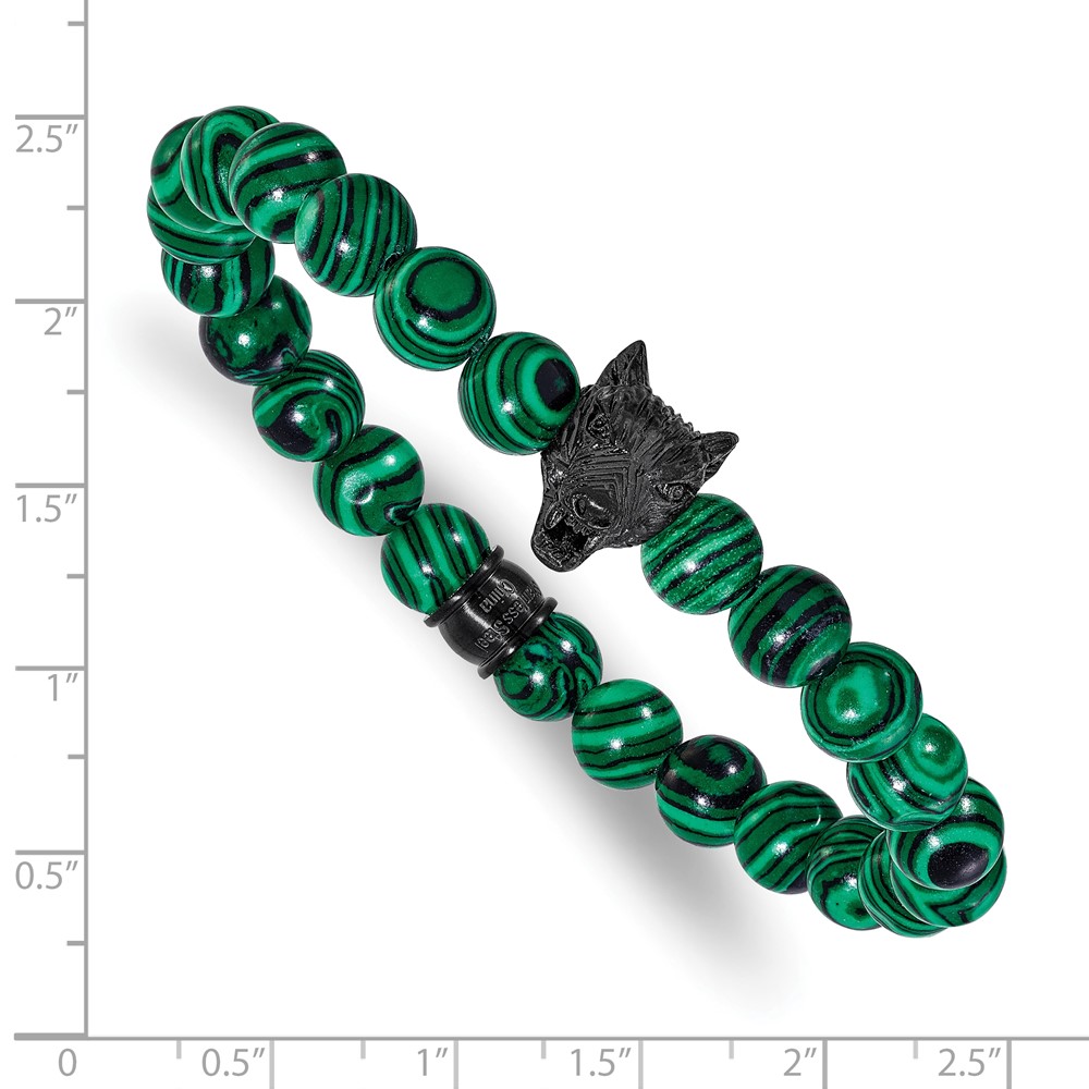 Stainless Steel Polished Black IP Syn Malachite Beaded 7-inch Stretch Bracelet - Image 3