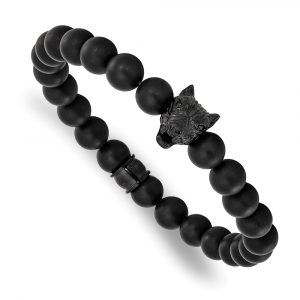 Stainless Steel Polished Black IP Matte Black Agate 7-inch Stretch Bracelet