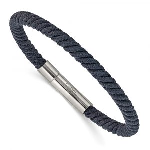 Stainless Steel Polished Grey Nylon Cord 8-inch Bracelet