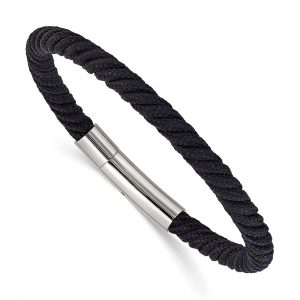 Stainless Steel Polished Black Nylon Cord 8-inch Bracelet