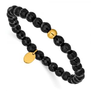 Stainless Steel Polished Yellow IP Black Agate 6.25-inch Stretch Bracelet