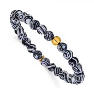 Stainless Steel Polished Yellow IP Black Line Agate 6.25-inch Stretch Bracelet