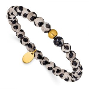 Stainless Steel Polished Yellow IP Black Spot Agate 6.25-inch Stretch Bracelet