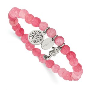 Stainless Steel Polished Seahorse/Tree Pink Jade 6.25-inch Stretch Bracelet