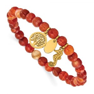 Stainless Steel Polished Yellow IP Seahorse/Tree Red Agate 6.25-inch Stretch B
