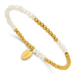Stainless Steel Polished Yellow IP White FWC Pearl 6.5-inch Stretch Bracelet