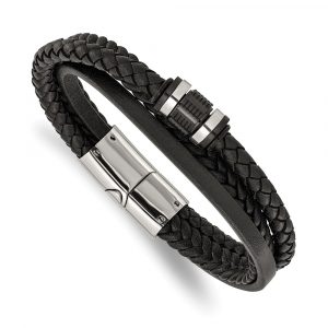 Stainless Steel Polished Black Leather Multi Strand 8.5-inch Bracelet