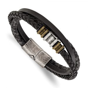 Stainless Steel Antiqued & Brushed Black Braided Leather 8.5-inch Bracelet