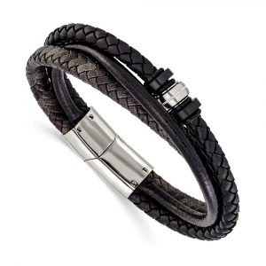 Stainless Steel Polished Black Braided Leather 8.5-inch Bracelet