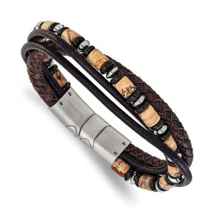 Stainless Steel Polished Onyx/Picture Jasper Leather 8 +.5-inch Bracelet