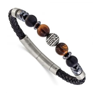 StainlessSteel Brushed/Polished Onyx/TigerEye/Hematite Lther+.5-inch Bracelet